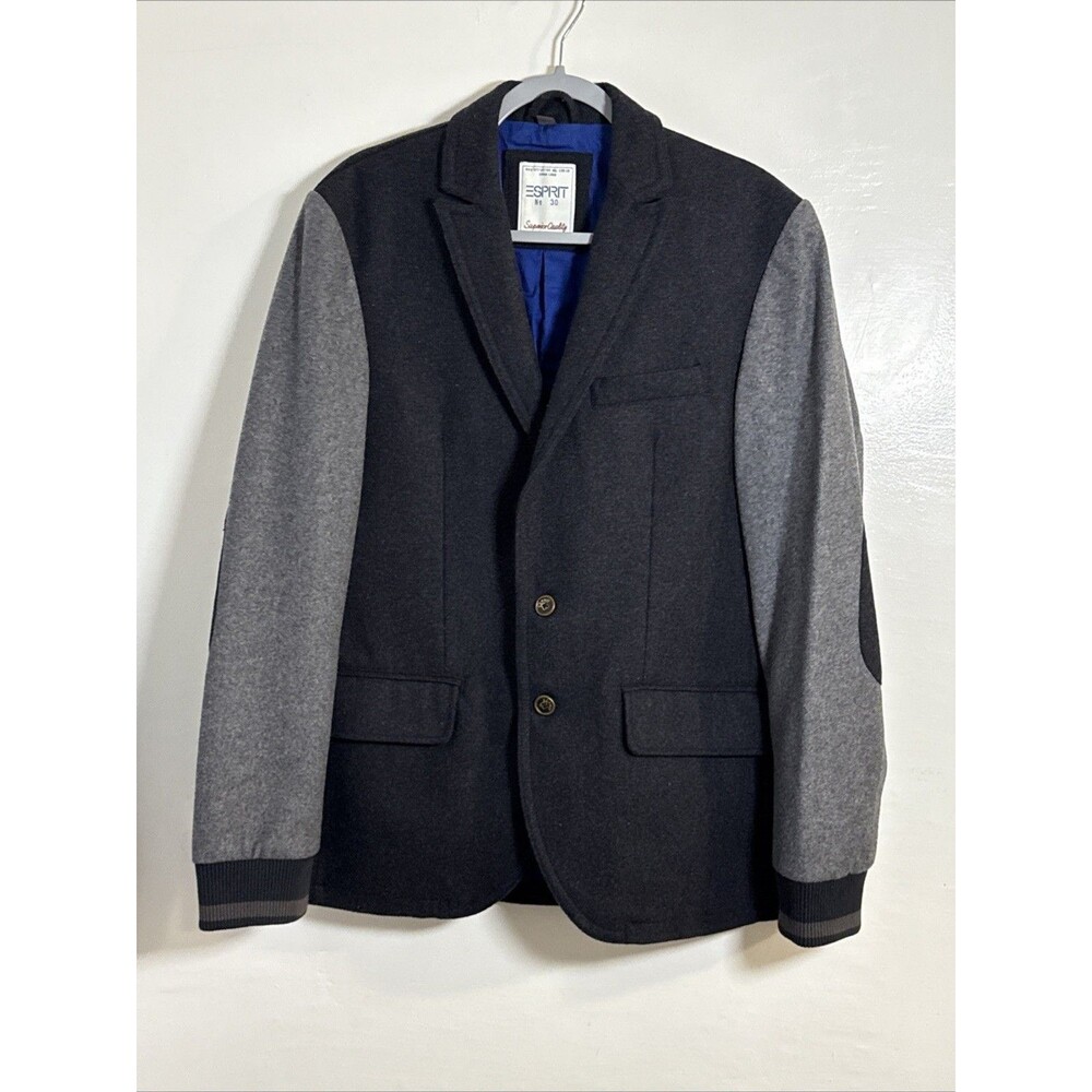 ESPRIT MEN’S Grey 2-Tone Wool Blend Blazer With Elbow Patch Size Large